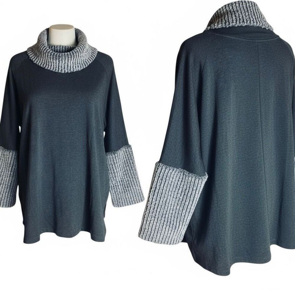 Capote Gray Knit Cowl Neck Sweater Tunic Top Contrast Sleeve Women’s Small